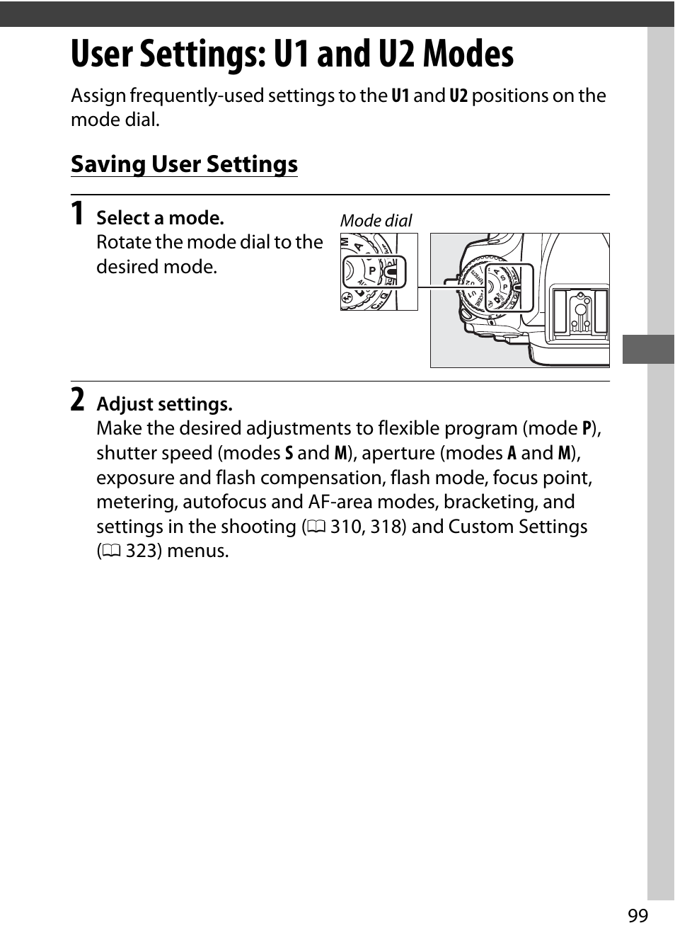 User settings: u1 and u2 modes, Saving user settings | Nikon D750 DSLR Camera (Body Only) User Manual | Page 127 / 537