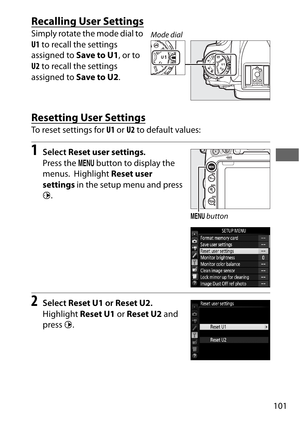 Recalling user settings, Resetting user settings | Nikon D750 DSLR Camera (Body Only) User Manual | Page 129 / 537