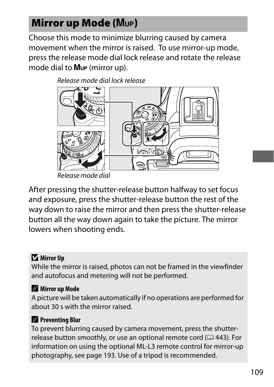 Mirror up mode, Mirror up mode ( v ) | Nikon D750 DSLR Camera (Body Only) User Manual | Page 137 / 537