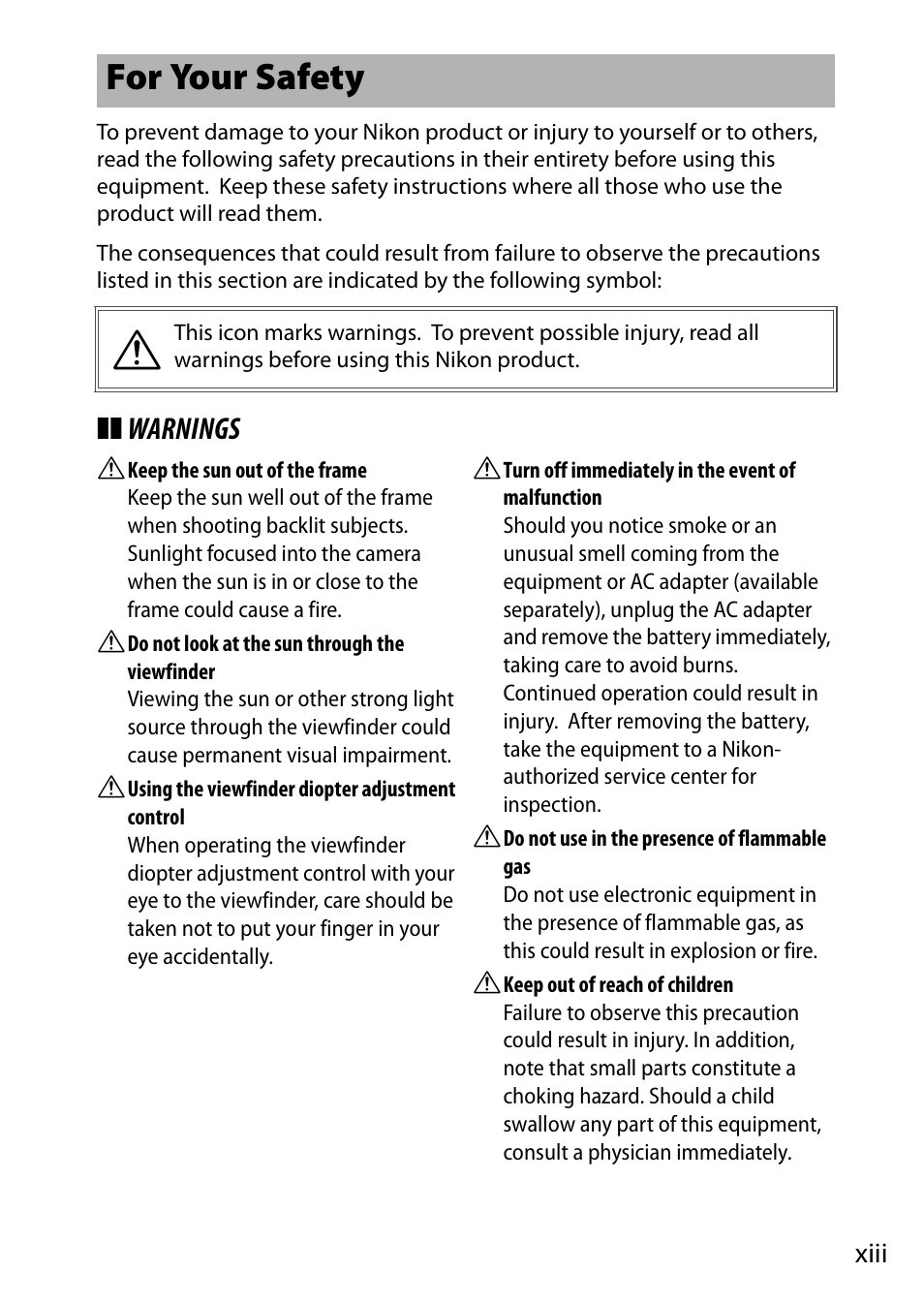 For your safety, Xiii–x, Xiii | Warnings | Nikon D750 DSLR Camera (Body Only) User Manual | Page 15 / 537