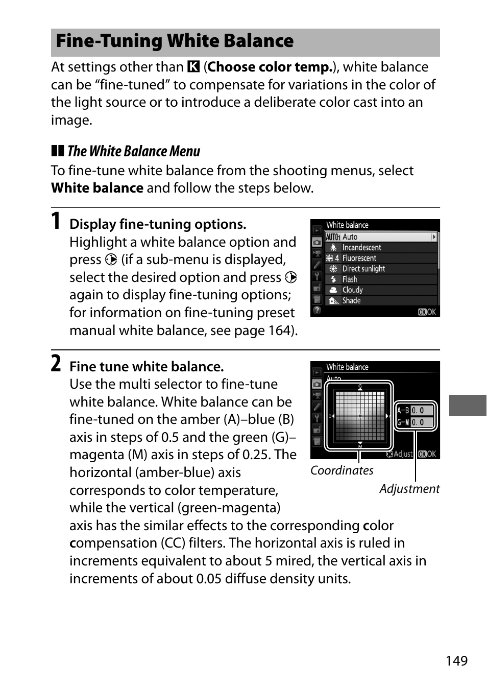 Fine-tuning white balance, 149) or m | Nikon D750 DSLR Camera (Body Only) User Manual | Page 177 / 537