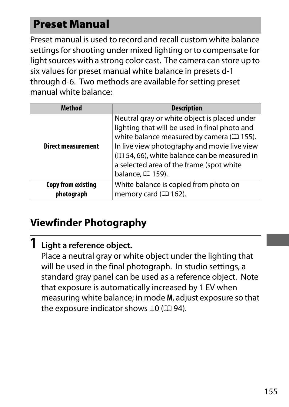 Preset manual, Viewfinder photography | Nikon D750 DSLR Camera (Body Only) User Manual | Page 183 / 537