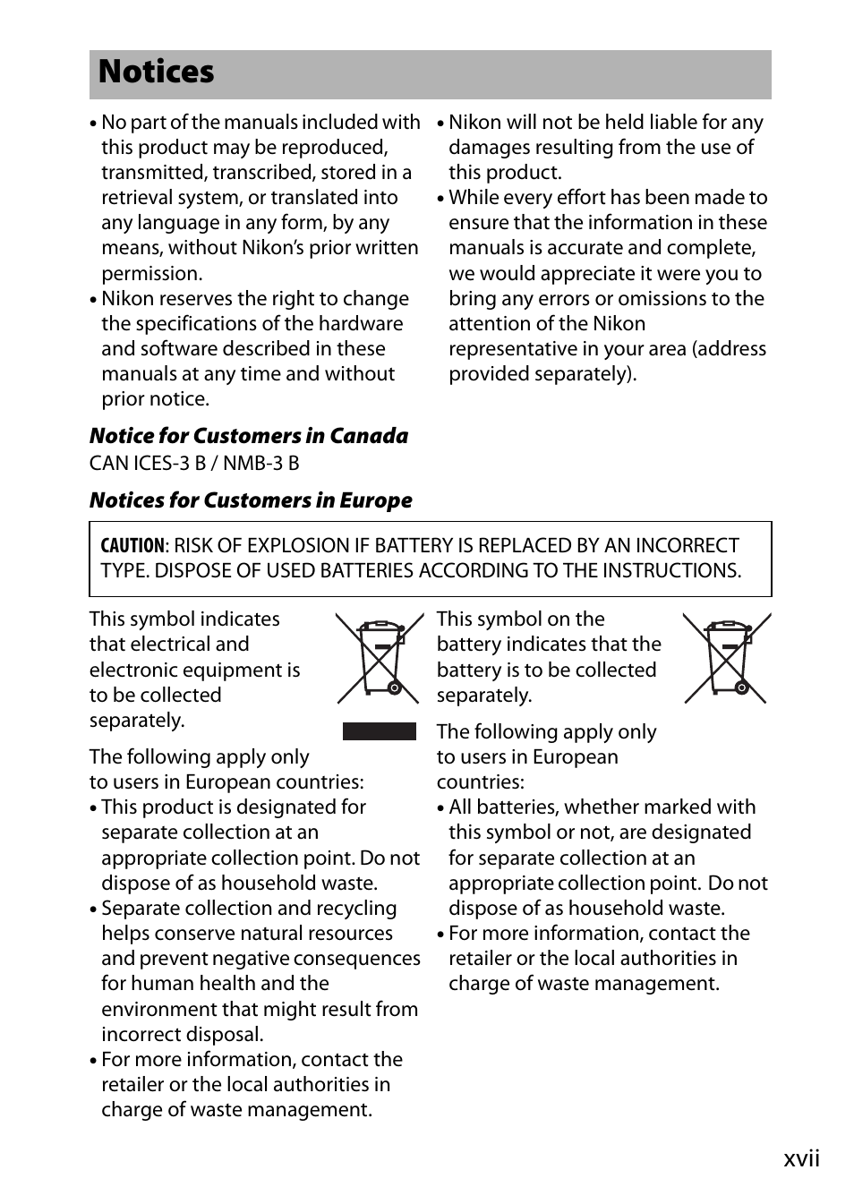 Notices, Xvii | Nikon D750 DSLR Camera (Body Only) User Manual | Page 19 / 537