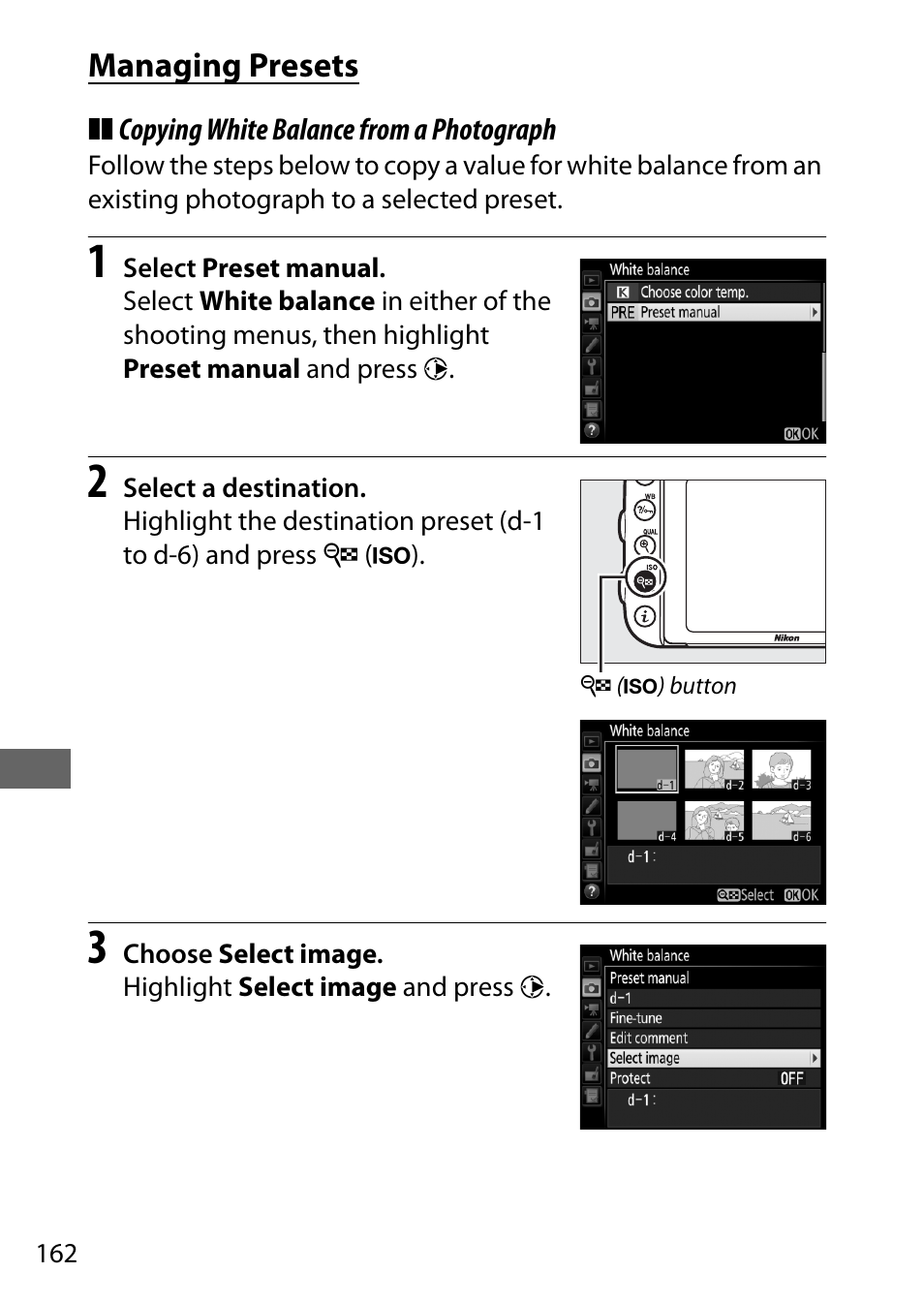 Managing presets | Nikon D750 DSLR Camera (Body Only) User Manual | Page 190 / 537