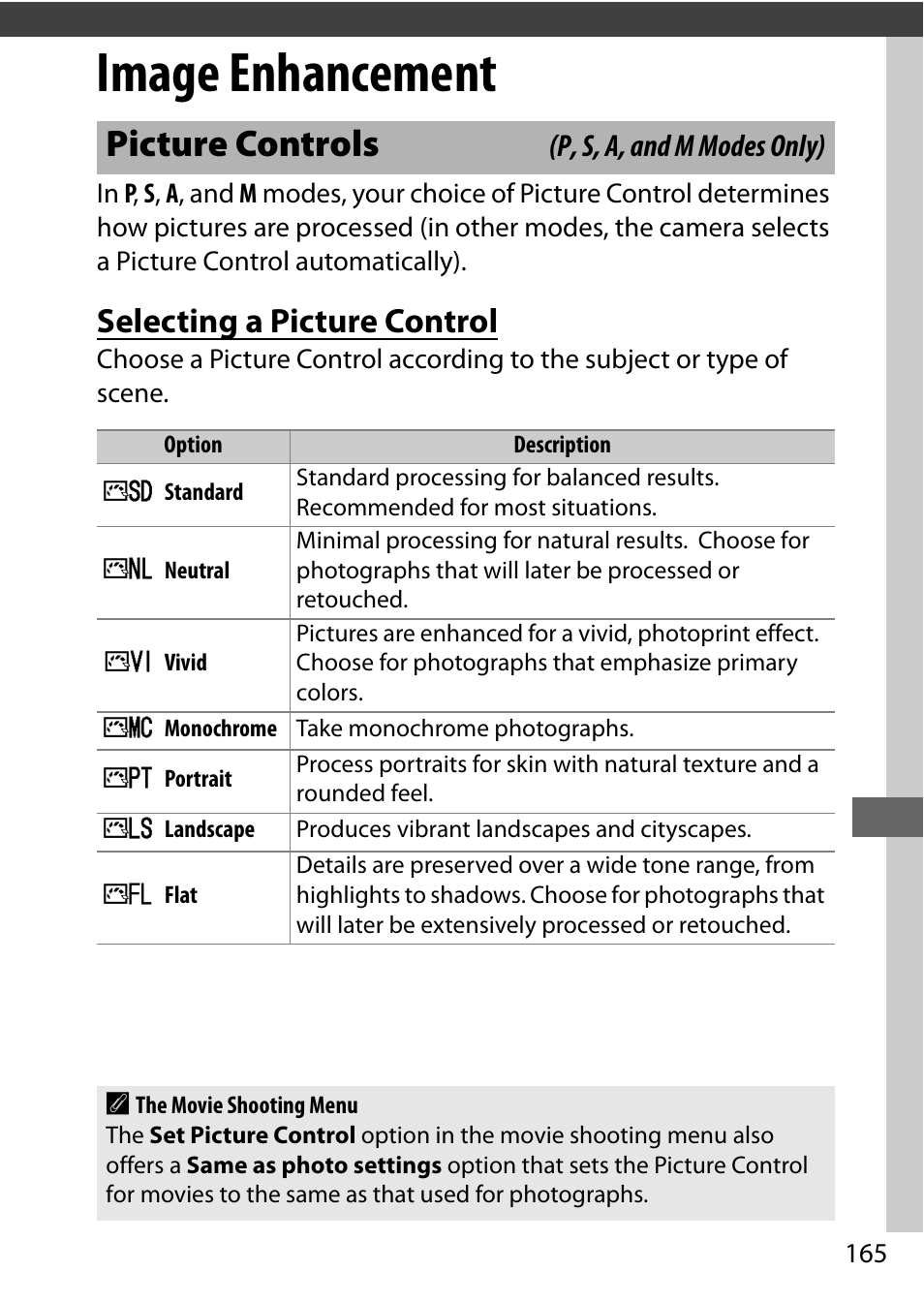 Image enhancement, Picture controls, Selecting a picture control | Nikon D750 DSLR Camera (Body Only) User Manual | Page 193 / 537