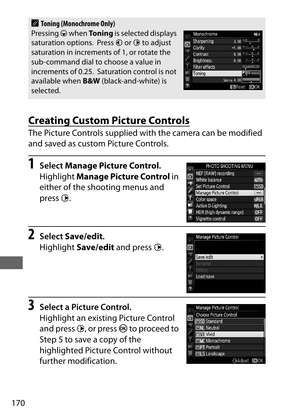 Creating custom picture controls | Nikon D750 DSLR Camera (Body Only) User Manual | Page 198 / 537