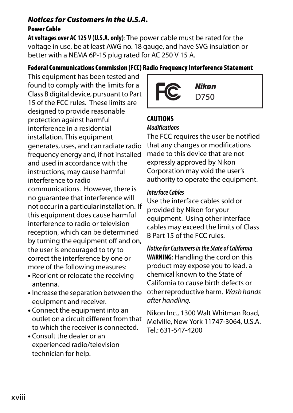 Xviii | Nikon D750 DSLR Camera (Body Only) User Manual | Page 20 / 537