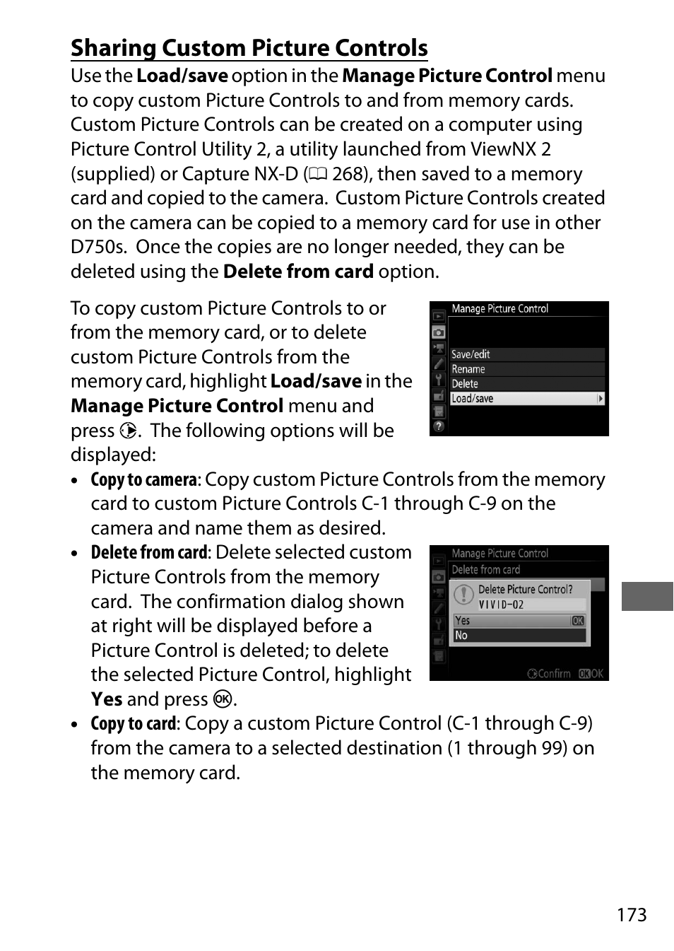 Sharing custom picture controls | Nikon D750 DSLR Camera (Body Only) User Manual | Page 201 / 537