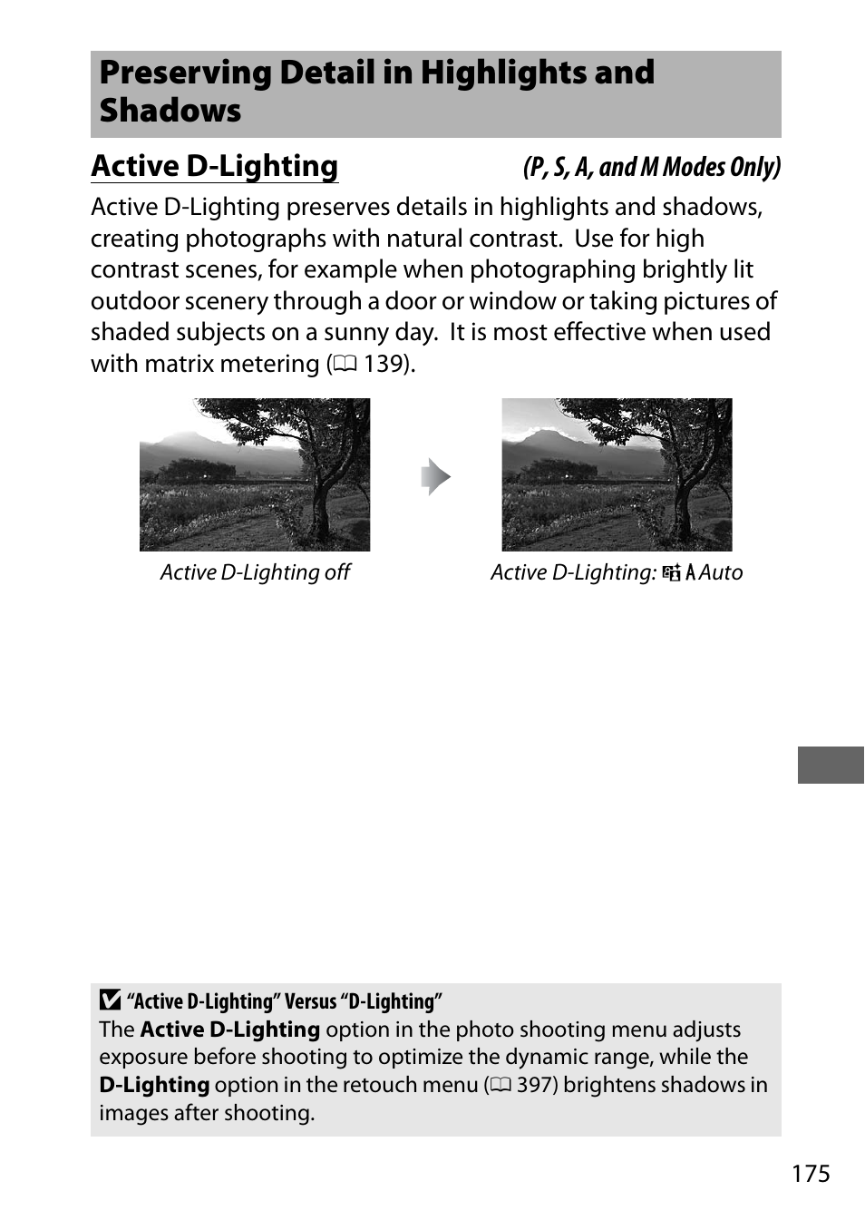 Preserving detail in highlights and shadows, Active d-lighting, P, s, a, and m modes only) | Nikon D750 DSLR Camera (Body Only) User Manual | Page 203 / 537