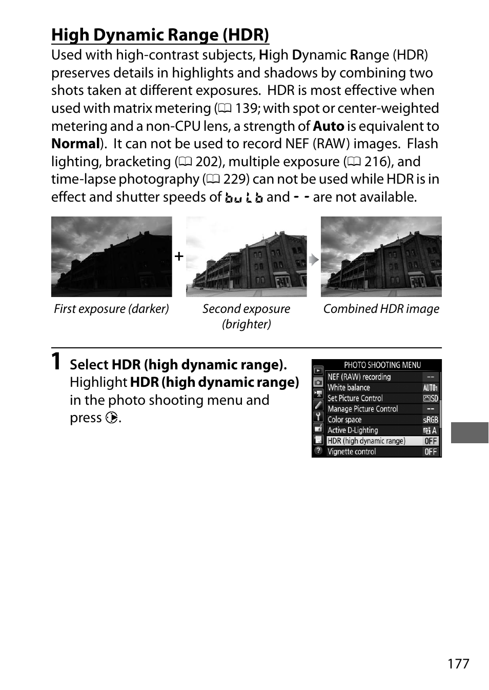 High dynamic range (hdr), 177), o, 177) or | Nikon D750 DSLR Camera (Body Only) User Manual | Page 205 / 537