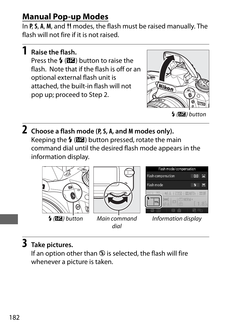 Manual pop-up modes | Nikon D750 DSLR Camera (Body Only) User Manual | Page 210 / 537