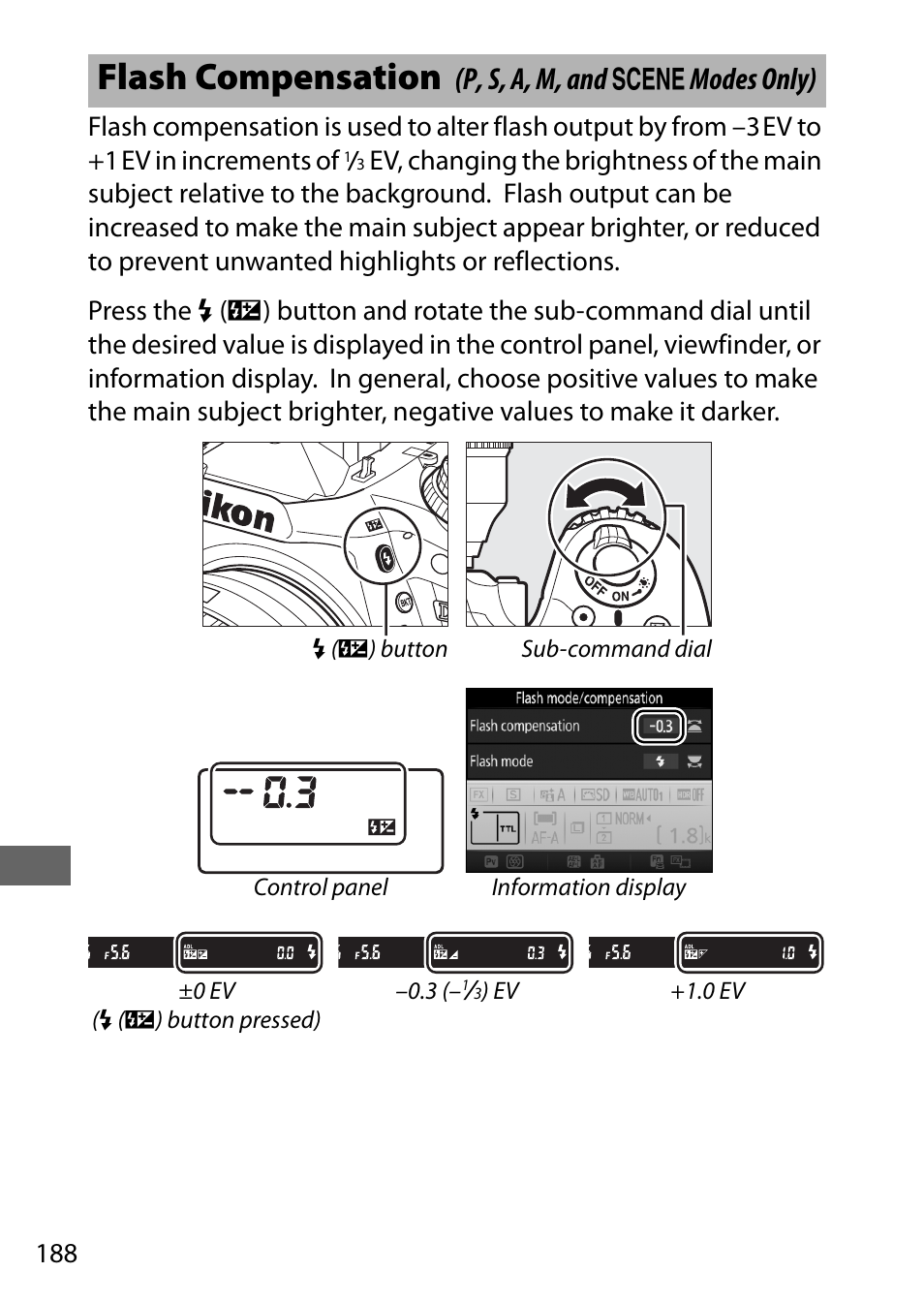 Flash compensation, P, s, a, m, and h modes only) | Nikon D750 DSLR Camera (Body Only) User Manual | Page 216 / 537