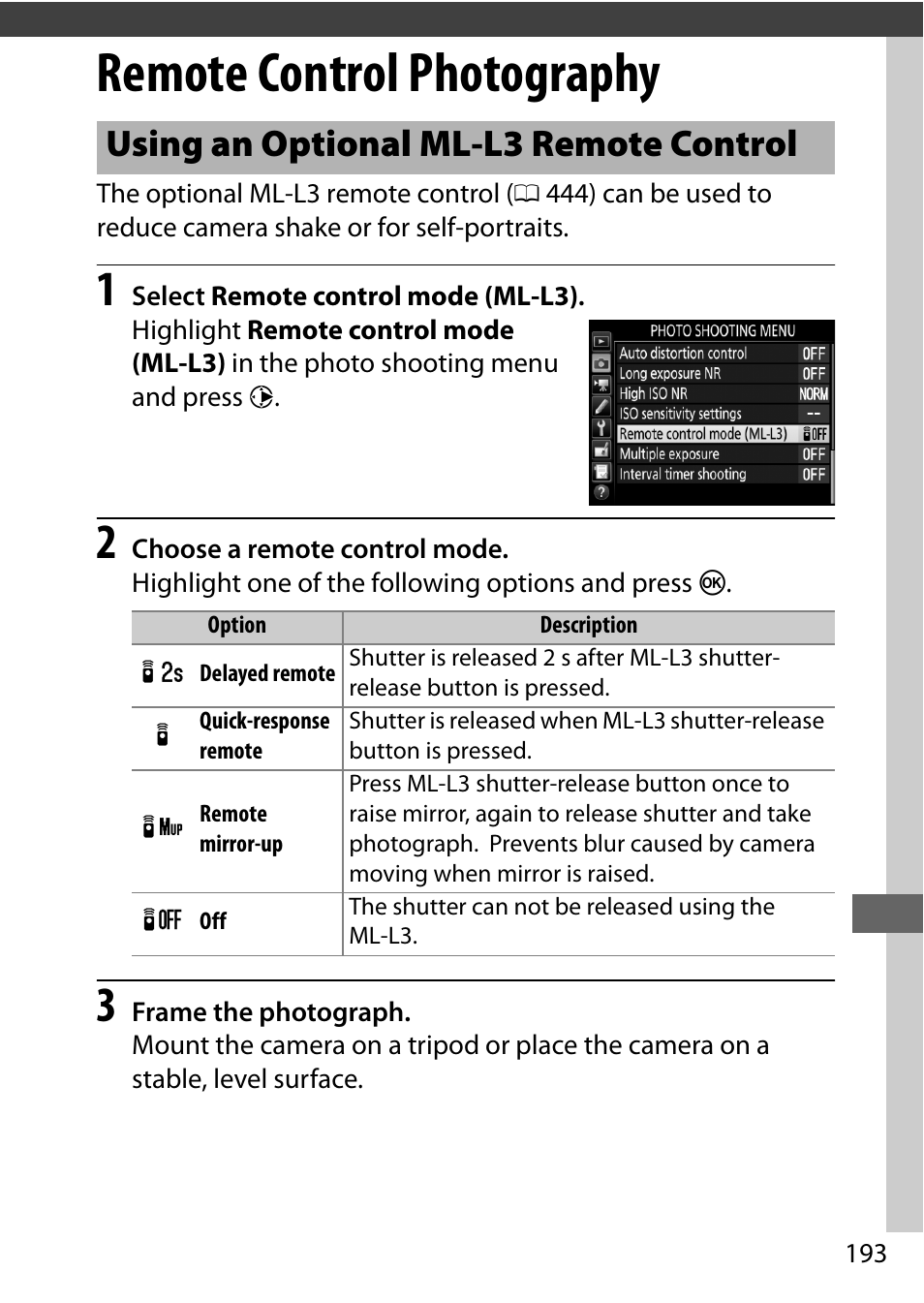 Remote control photography, Using an optional ml-l3 remote control, L mode | Nikon D750 DSLR Camera (Body Only) User Manual | Page 221 / 537