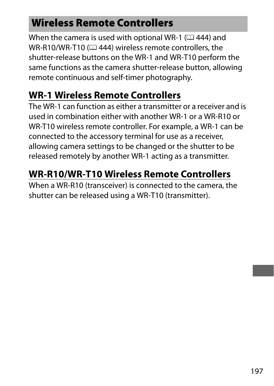 Wireless remote controllers, Wr-1 wireless remote controllers, Wr-r10/wr-t10 wireless remote controllers | Nikon D750 DSLR Camera (Body Only) User Manual | Page 225 / 537