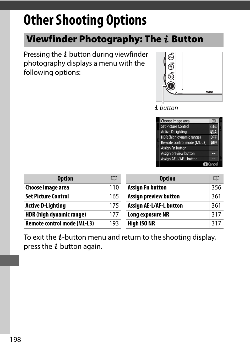 Other shooting options, Viewfinder photography: the i button, 198) and liv | Viewfinder photography: the p button | Nikon D750 DSLR Camera (Body Only) User Manual | Page 226 / 537