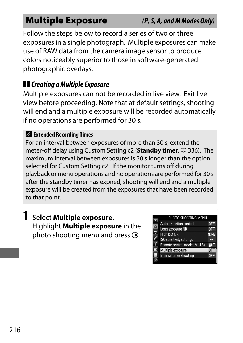 Multiple exposure, Iple exposure, 216), and | Nikon D750 DSLR Camera (Body Only) User Manual | Page 244 / 537