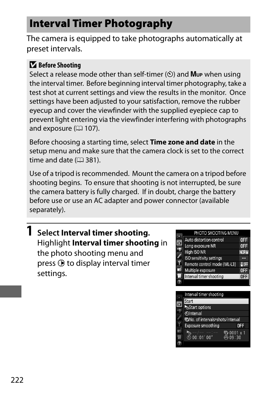 Interval timer photography | Nikon D750 DSLR Camera (Body Only) User Manual | Page 250 / 537