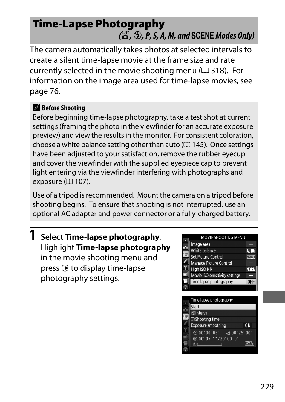 Time-lapse photography, 229) a | Nikon D750 DSLR Camera (Body Only) User Manual | Page 257 / 537
