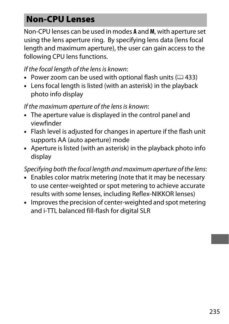 Non-cpu lenses, 235) whe | Nikon D750 DSLR Camera (Body Only) User Manual | Page 263 / 537