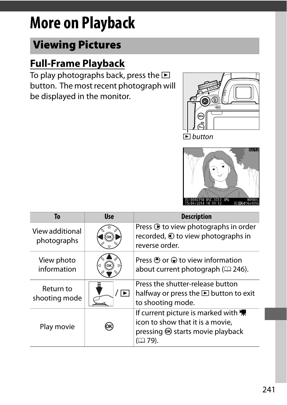 More on playback, Viewing pictures, Full-frame playback | Nikon D750 DSLR Camera (Body Only) User Manual | Page 269 / 537