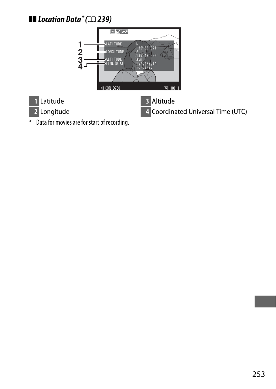 Location data, Data for movies are for start of recording | Nikon D750 DSLR Camera (Body Only) User Manual | Page 281 / 537