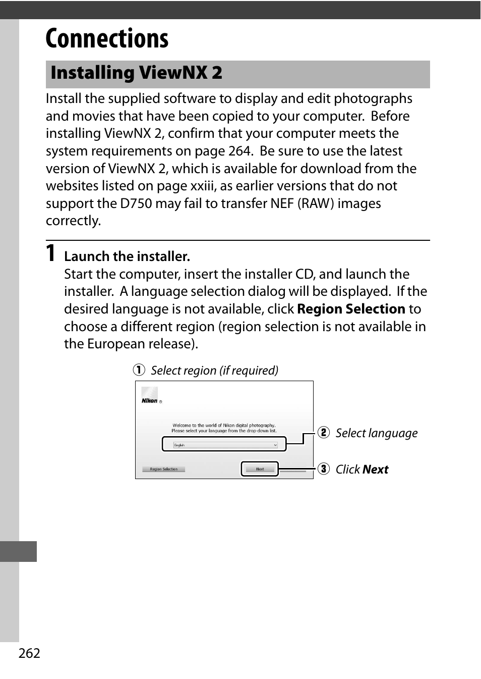 Connections, Installing viewnx 2 | Nikon D750 DSLR Camera (Body Only) User Manual | Page 290 / 537