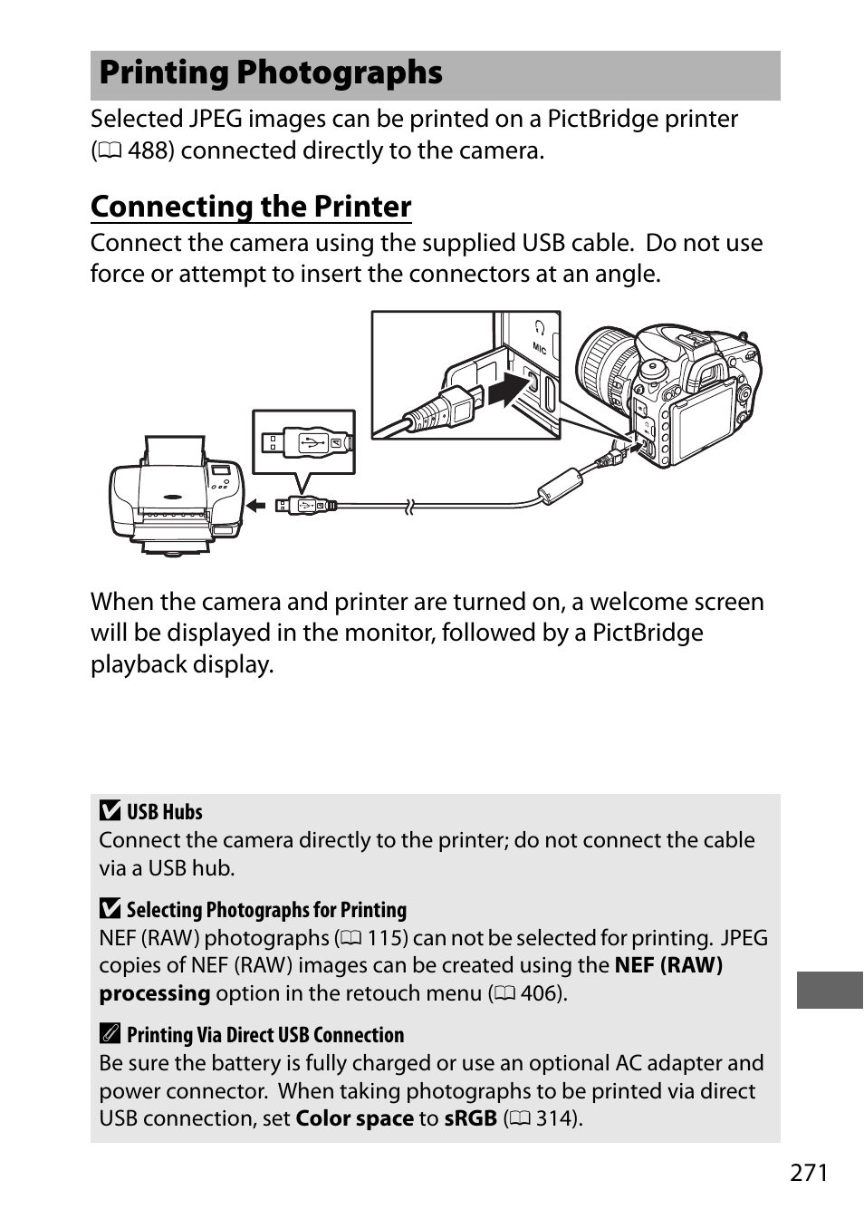 Printing photographs, Connecting the printer | Nikon D750 DSLR Camera (Body Only) User Manual | Page 299 / 537