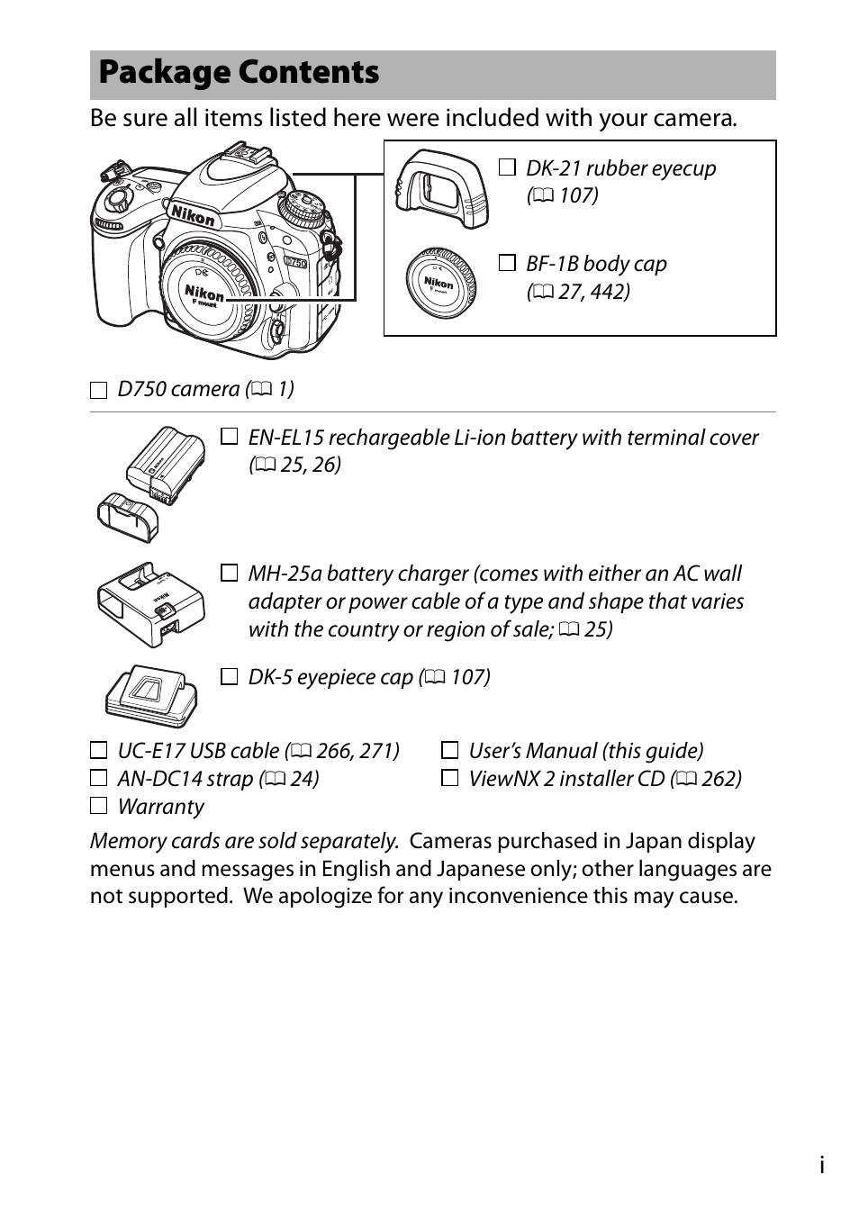 Package contents | Nikon D750 DSLR Camera (Body Only) User Manual | Page 3 / 537