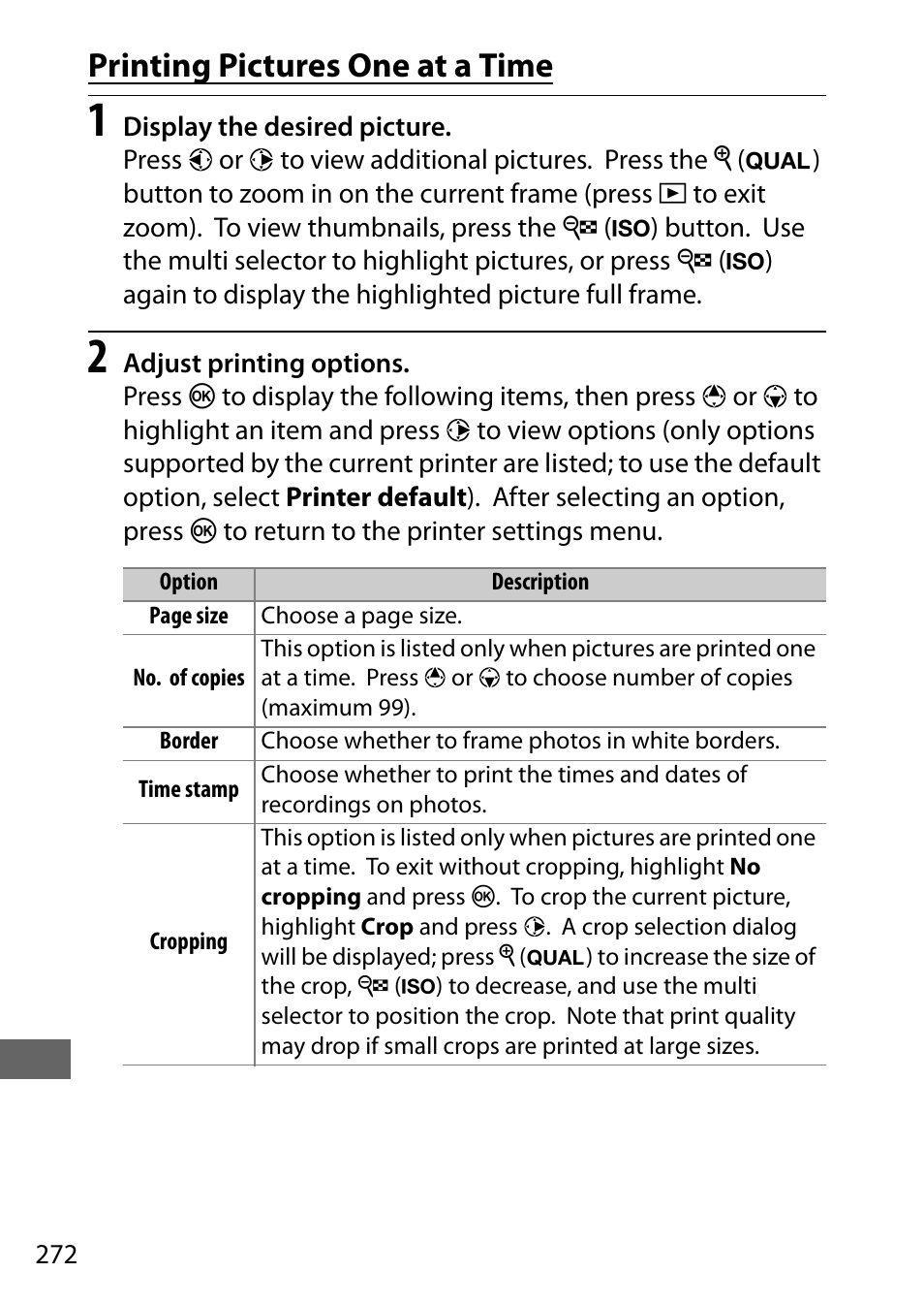 Printing pictures one at a time | Nikon D750 DSLR Camera (Body Only) User Manual | Page 300 / 537