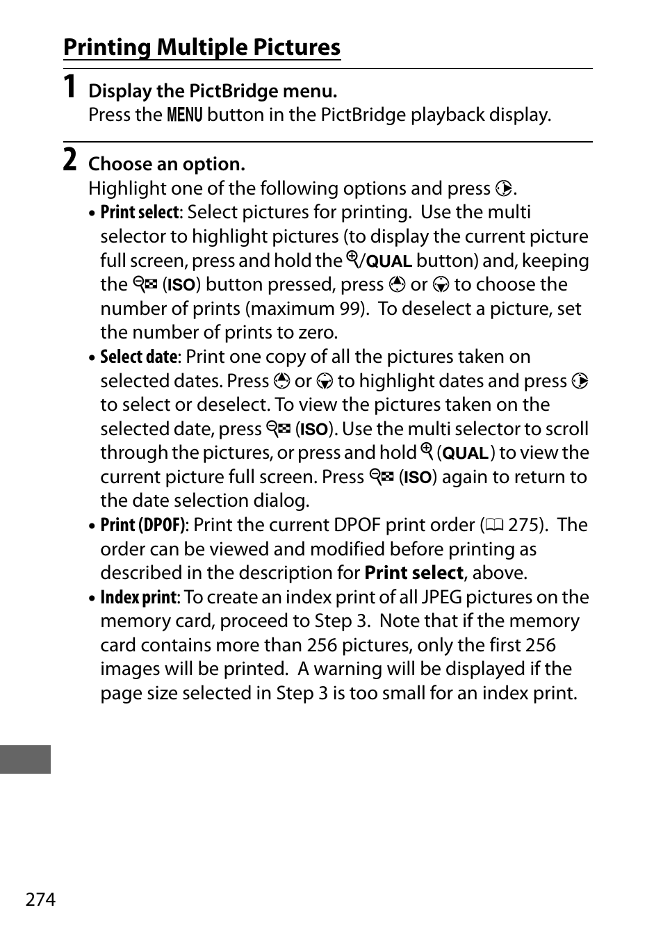 Printing multiple pictures | Nikon D750 DSLR Camera (Body Only) User Manual | Page 302 / 537