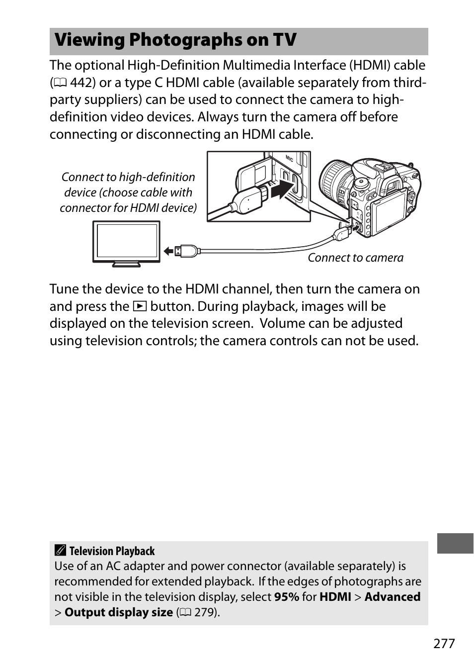 Viewing photographs on tv, 277), t | Nikon D750 DSLR Camera (Body Only) User Manual | Page 305 / 537