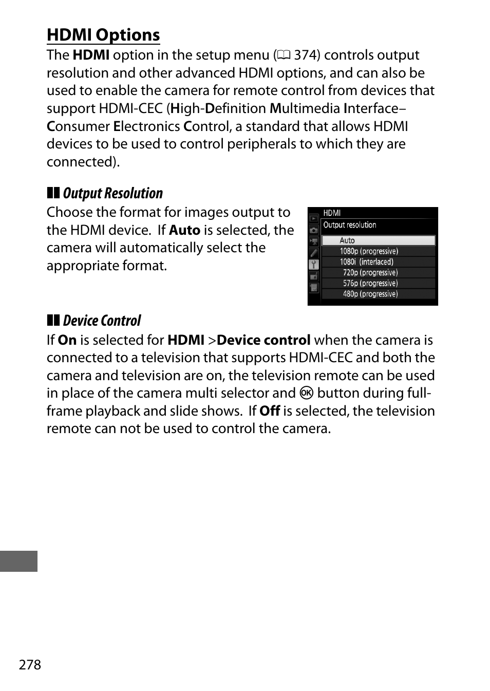 Hdmi options | Nikon D750 DSLR Camera (Body Only) User Manual | Page 306 / 537