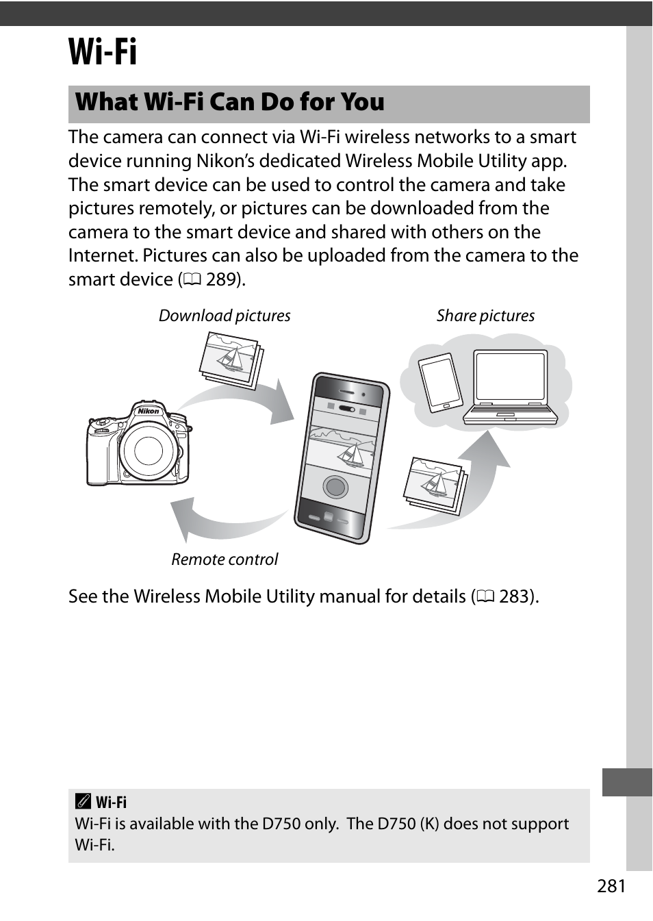 Wi-fi, What wi-fi can do for you | Nikon D750 DSLR Camera (Body Only) User Manual | Page 309 / 537