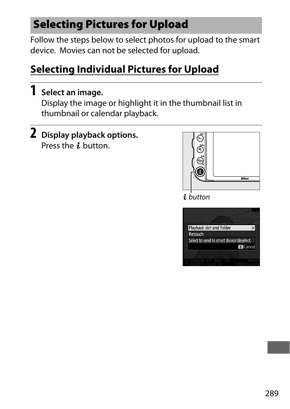 Selecting pictures for upload, Selecting individual pictures for upload | Nikon D750 DSLR Camera (Body Only) User Manual | Page 317 / 537