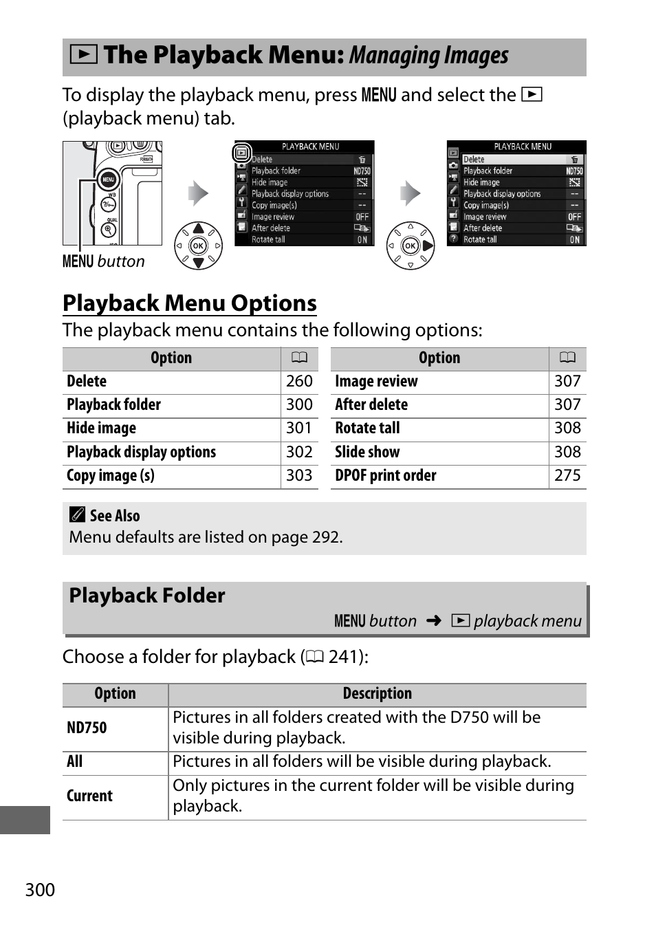 The playback menu: managing images, Playback menu options, Playback folder | Dthe playback menu: managing images | Nikon D750 DSLR Camera (Body Only) User Manual | Page 328 / 537