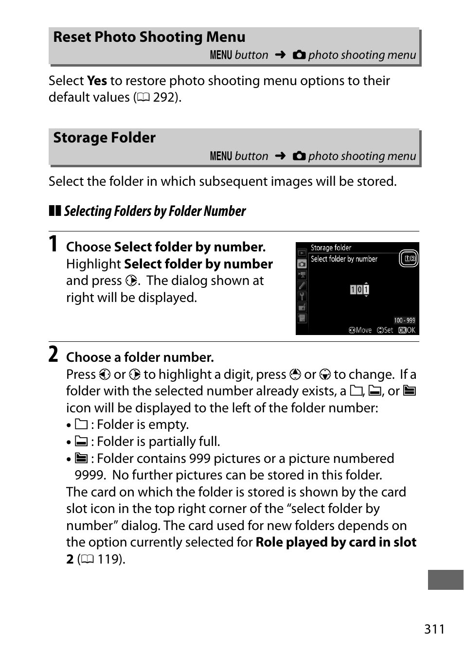 Reset photo shooting menu, Storage folder | Nikon D750 DSLR Camera (Body Only) User Manual | Page 339 / 537