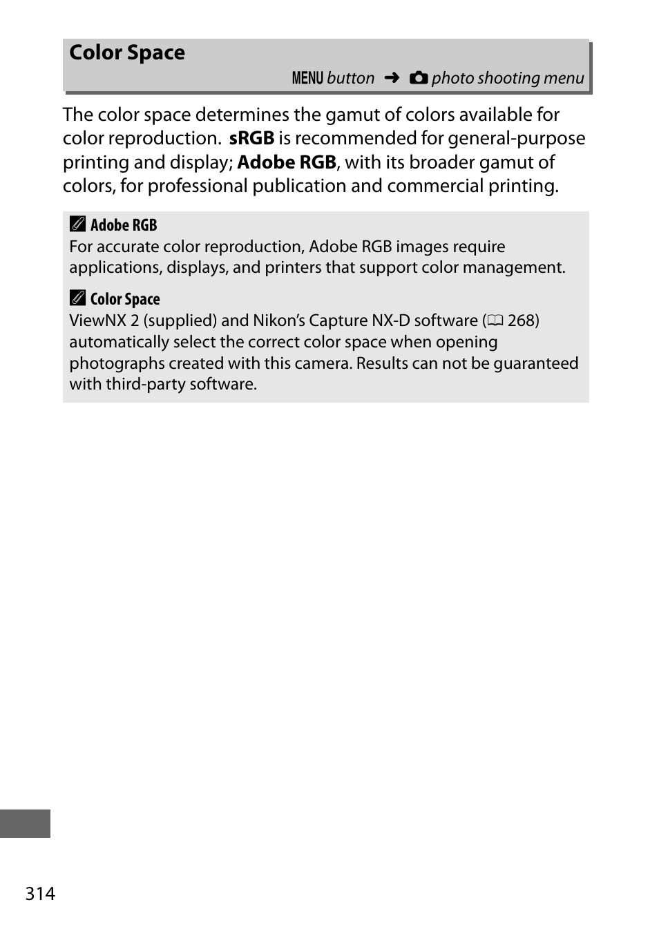 Color space | Nikon D750 DSLR Camera (Body Only) User Manual | Page 342 / 537