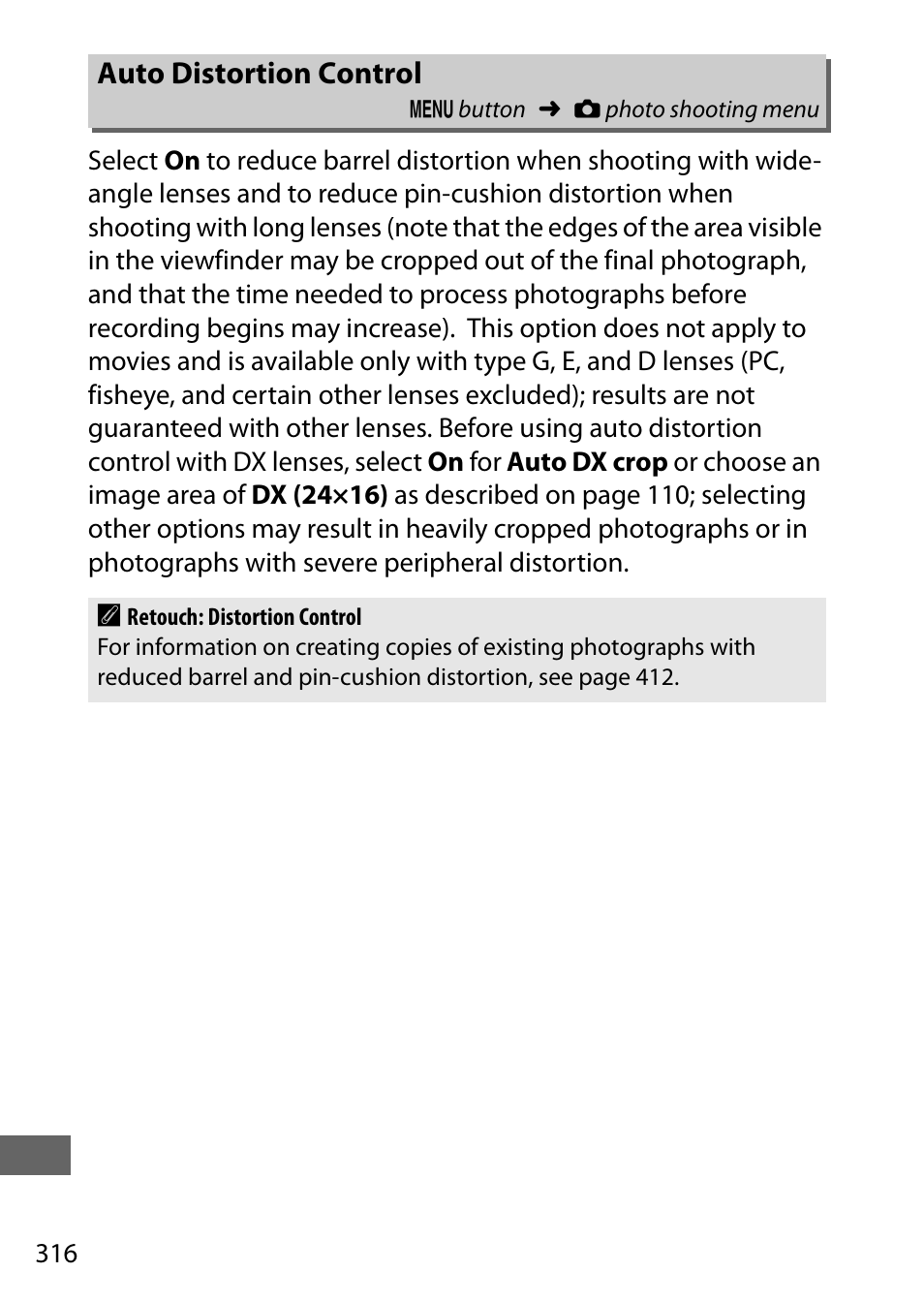 Auto distortion control | Nikon D750 DSLR Camera (Body Only) User Manual | Page 344 / 537