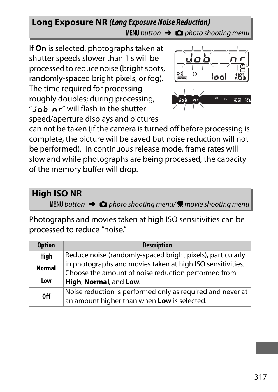 Long exposure nr (long exposure noise reduction), High iso nr, Shooting menu | Ge 317), Osure nr | Nikon D750 DSLR Camera (Body Only) User Manual | Page 345 / 537