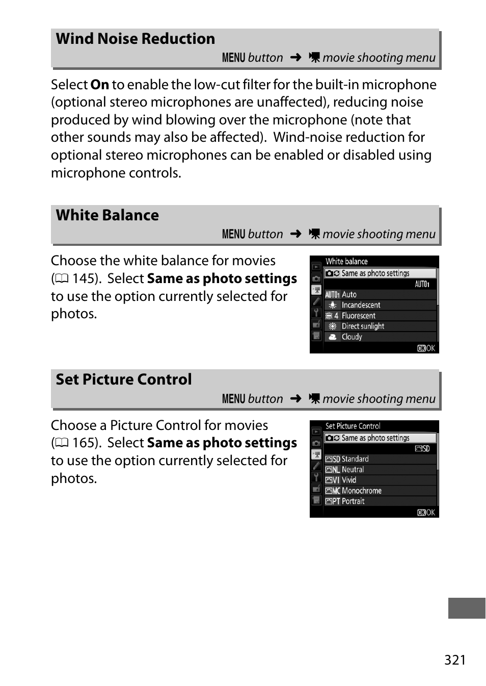 Wind noise reduction, White balance, Set picture control | Which also can be used, Tion | Nikon D750 DSLR Camera (Body Only) User Manual | Page 349 / 537