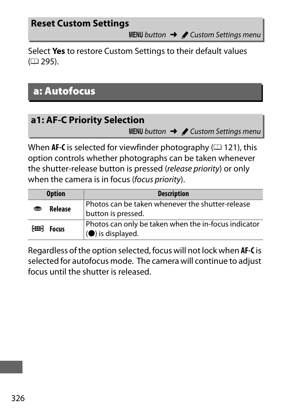 Reset custom settings, A: autofocus, A1: af-c priority selection | Nikon D750 DSLR Camera (Body Only) User Manual | Page 354 / 537