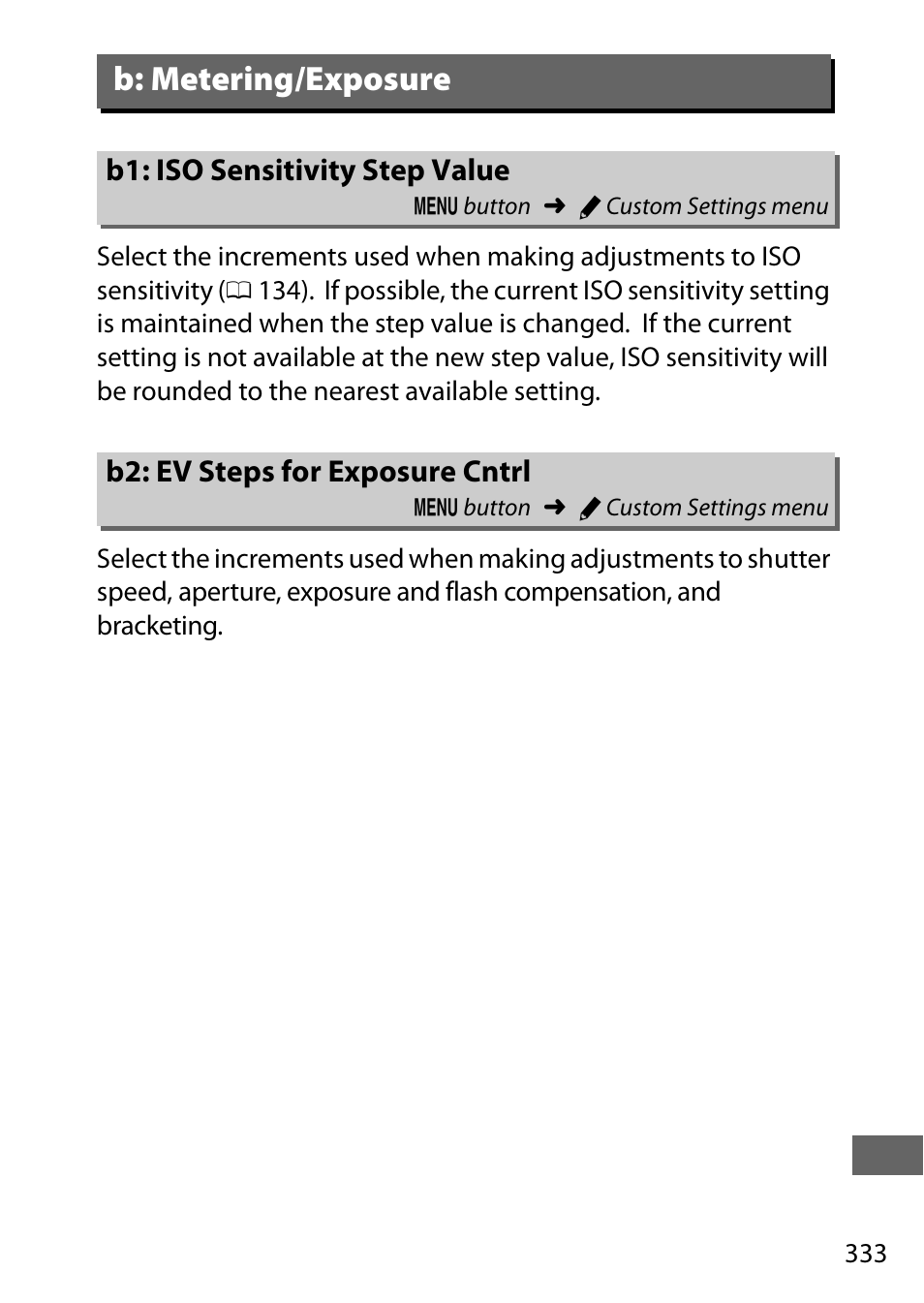 B: metering/exposure, B1: iso sensitivity step value, B2: ev steps for exposure cntrl | Nikon D750 DSLR Camera (Body Only) User Manual | Page 361 / 537