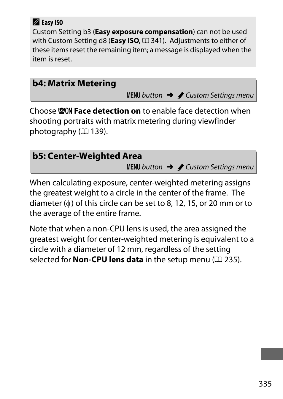 B4: matrix metering, B5: center-weighted area, 335; if | Nikon D750 DSLR Camera (Body Only) User Manual | Page 363 / 537