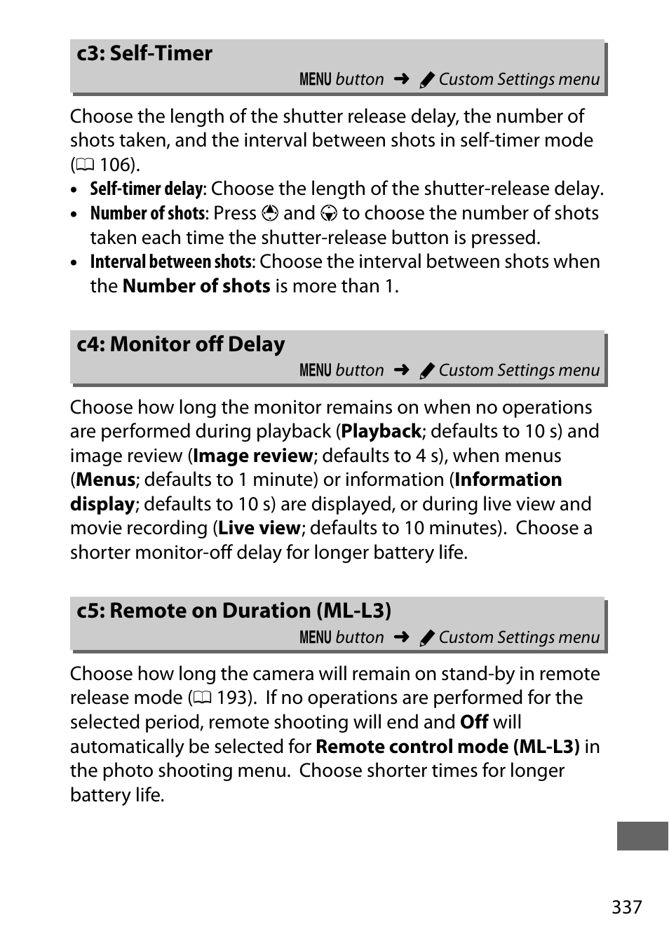 C3: self-timer, C4: monitor off delay, C5: remote on duration (ml-l3) | 337); t, 337); the int, 337); the in, L-l3) | Nikon D750 DSLR Camera (Body Only) User Manual | Page 365 / 537