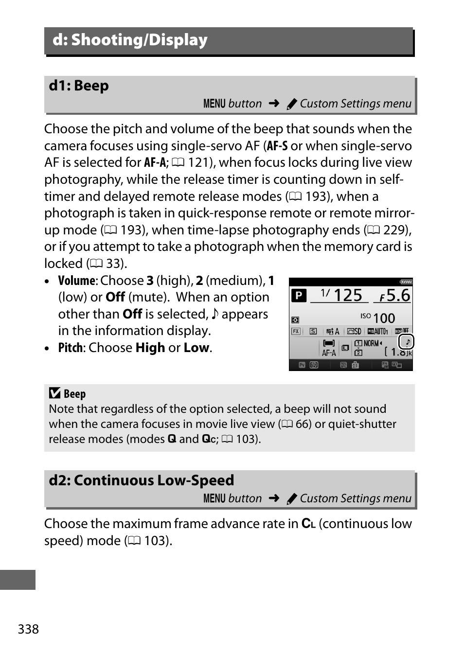 D: shooting/display, D1: beep, D2: continuous low-speed | Nikon D750 DSLR Camera (Body Only) User Manual | Page 366 / 537