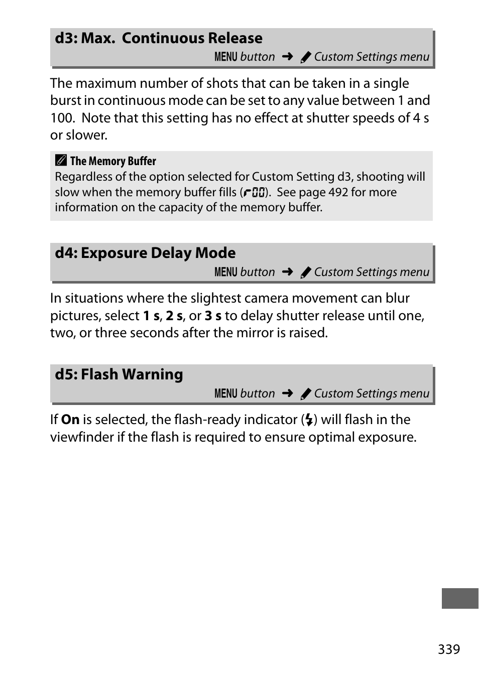 D3: max. continuous release, D4: exposure delay mode, D5: flash warning | Rning | Nikon D750 DSLR Camera (Body Only) User Manual | Page 367 / 537