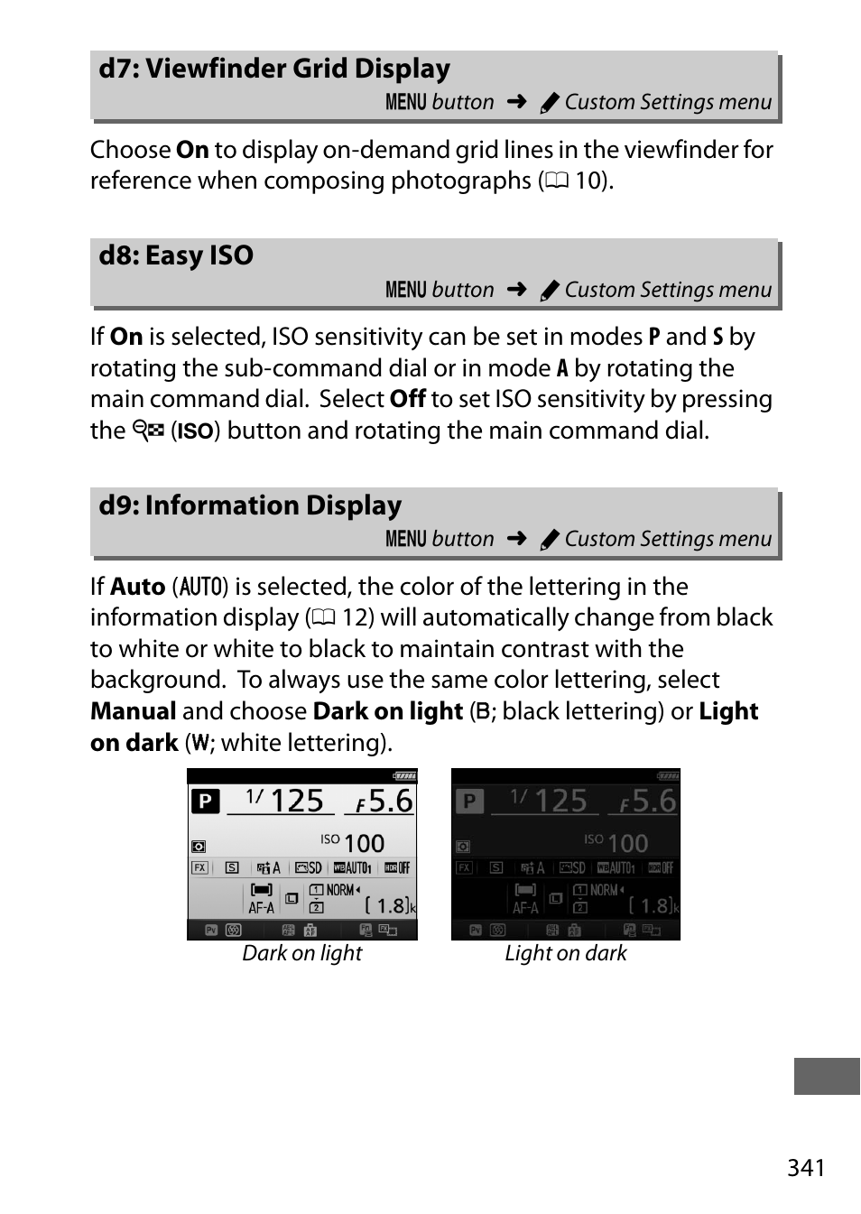 D7: viewfinder grid display, D8: easy iso, D9: information display | Nikon D750 DSLR Camera (Body Only) User Manual | Page 369 / 537