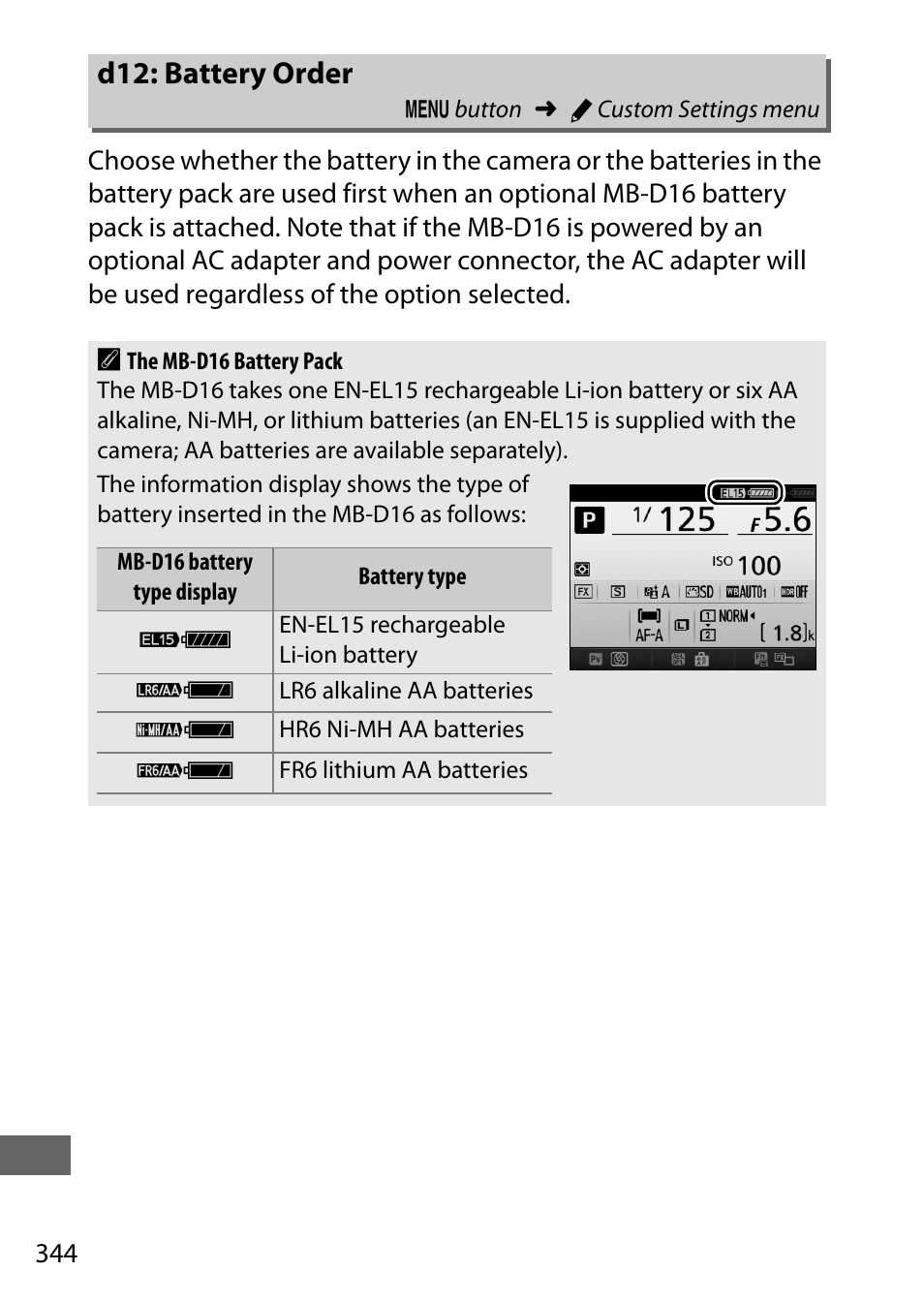 D12: battery order | Nikon D750 DSLR Camera (Body Only) User Manual | Page 372 / 537