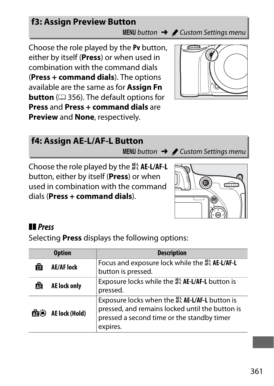 F3: assign preview button, F4: assign ae-l/af-l button, 361), or the | Press | Nikon D750 DSLR Camera (Body Only) User Manual | Page 389 / 537