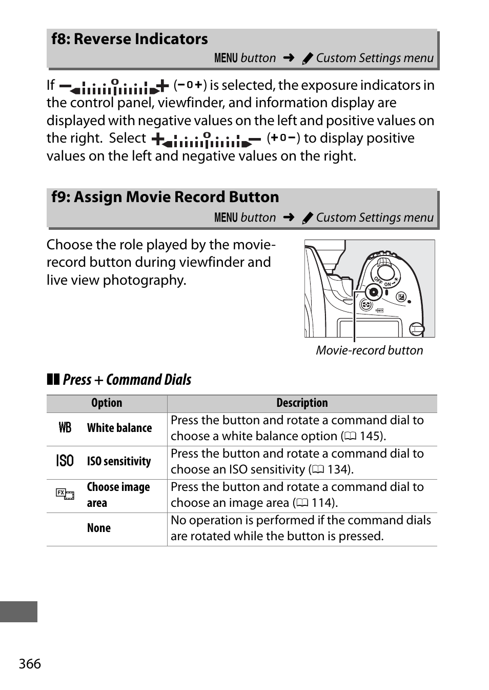 F8: reverse indicators, F9: assign movie record button, Cord button | Press + command dials f8: reverse indicators | Nikon D750 DSLR Camera (Body Only) User Manual | Page 394 / 537